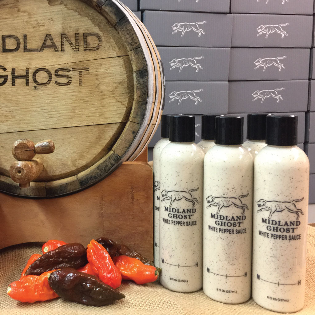 Midland Ghost White Pepper Sauce with Peppers and Barrel (1 case)